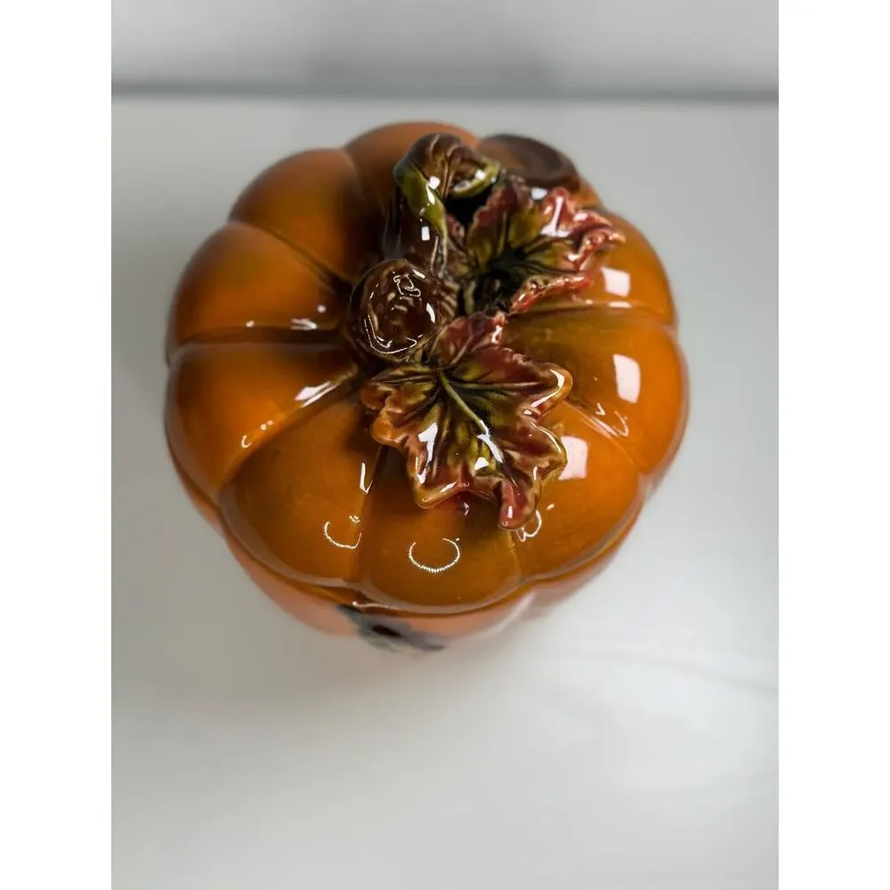 Vintage Ceramic Pumpkin Lidded Jar, Ribbed Stoneware Canister, Fall Decor